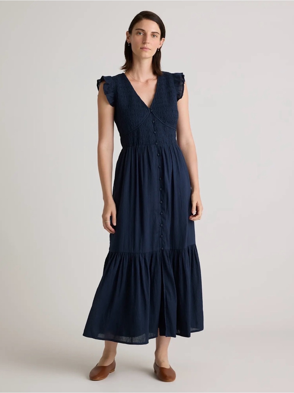 Quince Women's Organic Textured Cotton Midi Dress Smocked V-Neck, Navy XL Boho